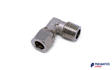 Load image into Gallery viewer, 3/8" to 10mm BSPT Elbow Compression Pneumatic Fitting (Nickel Plated Brass)