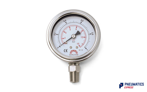 Watson Stainless Steel 1 Bar (15 PSI) Pressure Gauge (Bottom Entry) 1/4