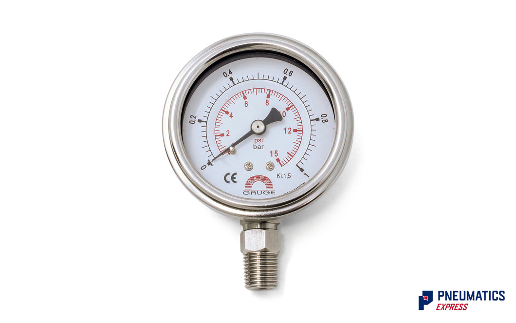 Watson Stainless Steel 1 Bar (15 PSI) Pressure Gauge (Bottom Entry) 1/4