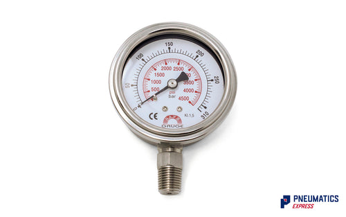 Watson Stainless Steel 300 BAR (4500 PSI) Pressure Gauge (Bottom Entry) 1/4