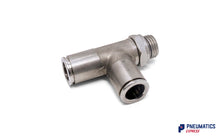 Load image into Gallery viewer, 10mm to 1/4&quot; Lateral Run Tee Parallel Male Push-In Fitting (Nickel Plated Brass)