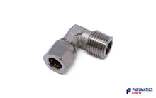 Load image into Gallery viewer, 1/4" to 8mm BSPT Elbow Compression Pneumatic Fitting (Nickel Plated Brass)